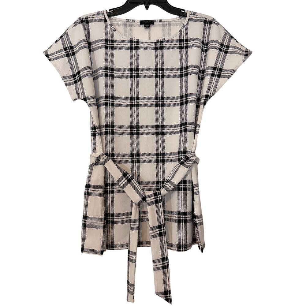 Ann Taylor Factory Plaid Belted Tunic Top Women XS Black White Short Sleeve